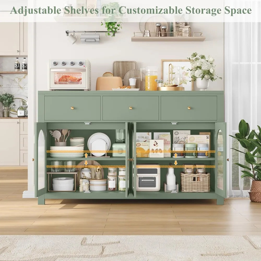Buffet Cabinet with Storage, 55.1" Large Sideboard Buffet, Farmhouse Kitchen Cabinet with 3 Drawers and 4 Doors, Green