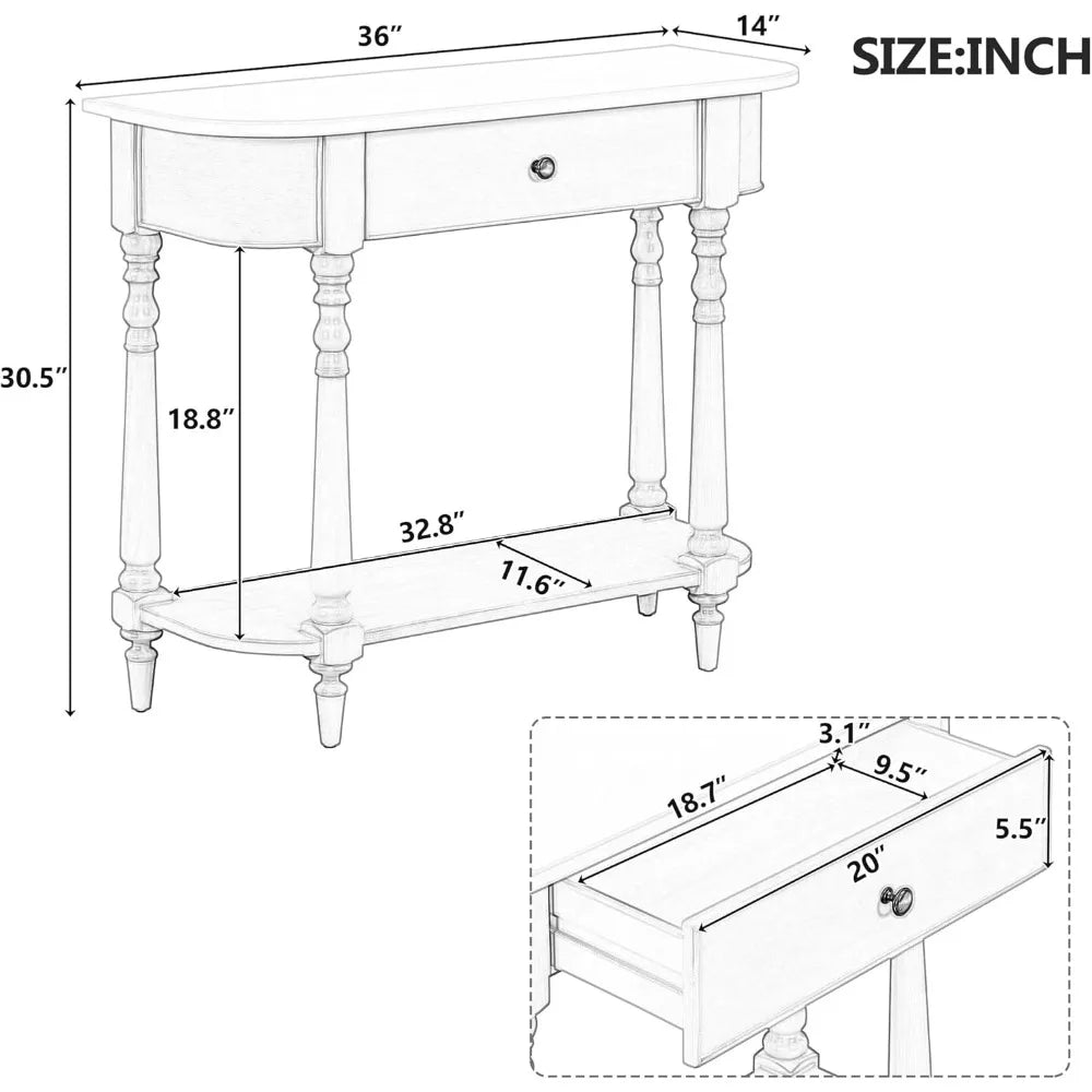 36-Inch Small Curved Console Table - Retro Farmhouse Style Wood Entry Sofa Table with Drawer and Storage Shelf for Living Room H