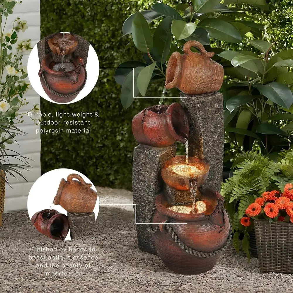32 Farmhouse-Style Outdoor Water Fountain with Cascading Pitchers and Lights, Garden Decorative Water Feature
