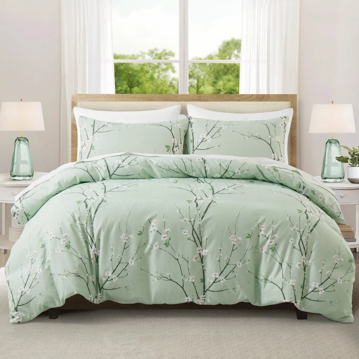 Sage Green Floral Duvet Cover Twin Queen 2/3 Pieces Flower Plum Blossom Bedding Set Reversible Botanical Branch Comforter Cover