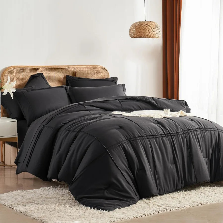 King Size Bed in a Bag 7 Piece Comforter Set with Striped Textured Soft Black Microfiber Comforter and Sheet Set All Season