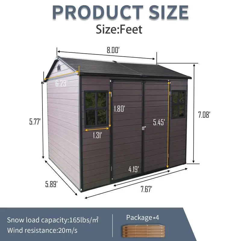 8x6 ft Waterproof Resin Outdoor Storage Shed with Floor, 2 Windows & Lockable Door for Garden, Patio, Backyard Storage Solution