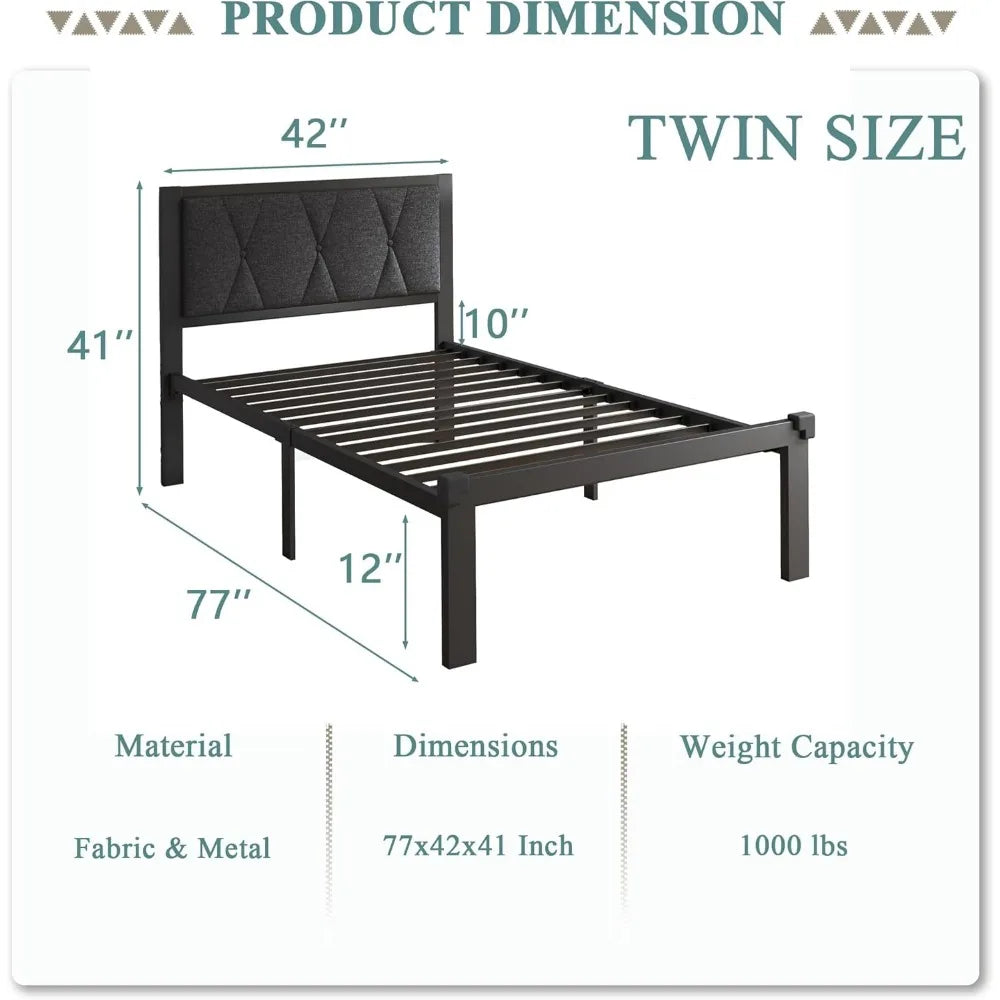 Twin Size Metal Platform Bed Frame with Fabric Headboard – 12″ Underbed Storage (Dark Grey)