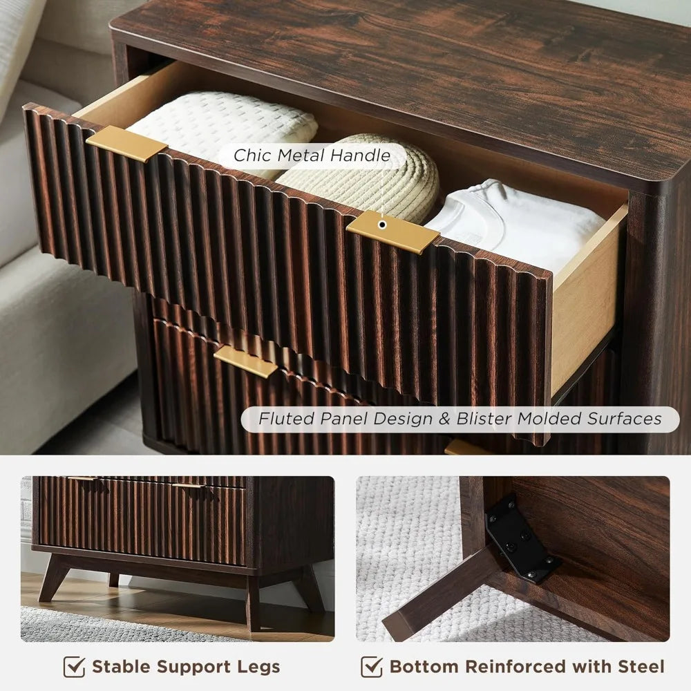 32" tall fluted nightstand, modern side table, 3 drawers end table w/storage, bedside table for bedroom, living room, curved pr