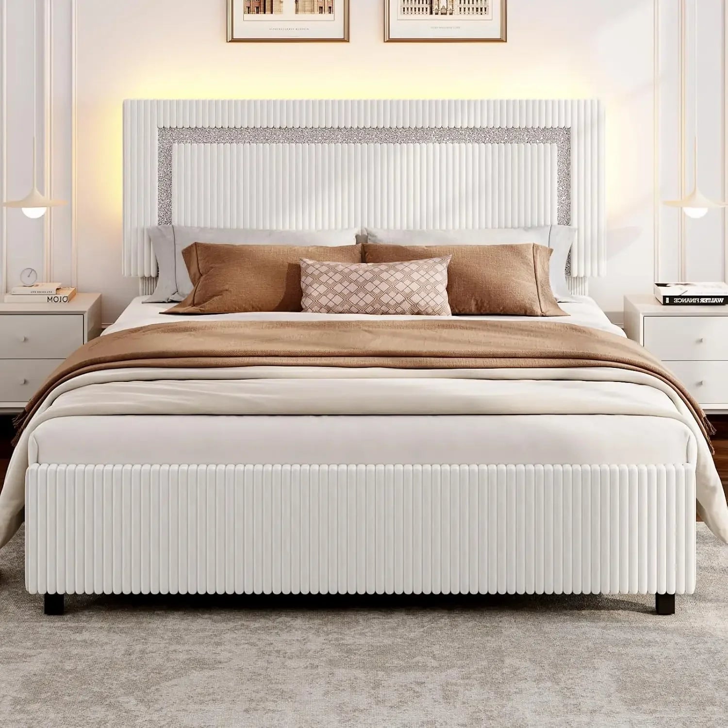 Full Size Corduroy Upholstered Bed Frame with Headboard – LED Platform Bed with Silver Glitter Trim