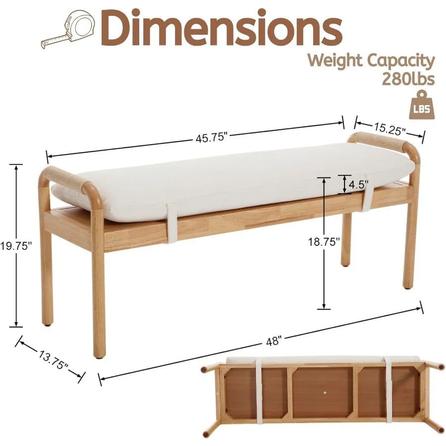Rustic Linen Entryway Bench – Beige Upholstered End-of-Bed Ottoman with Straps