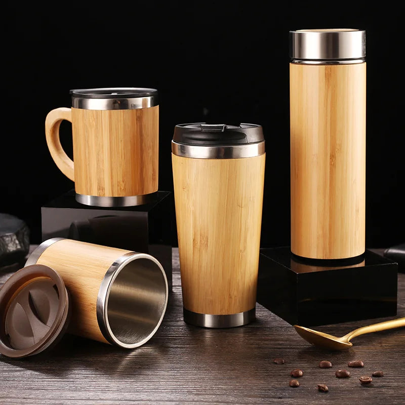 Natural Bamboo Vacuum Flask Coffee Mug – Stainless Steel Insulated Thermos