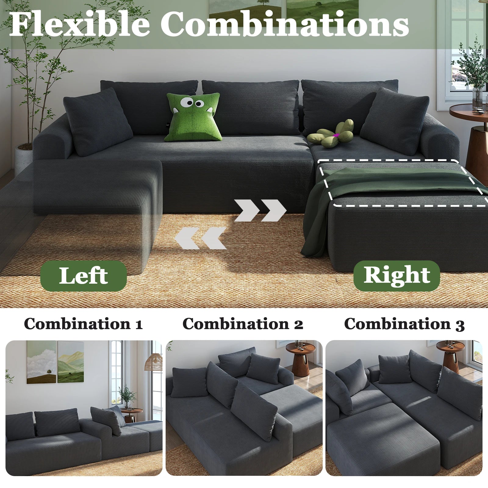 Modular Sectional Sofa with L-Shape Chaise, Cloud Couch in Corduroy, Deep Seat Living Room Sofa with Side Pockets, No Assembly R