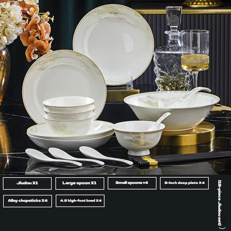 18-Piece Fine Bone China Jingdezhen Dinnerware Set – Gold Line Porcelain Tableware Collection