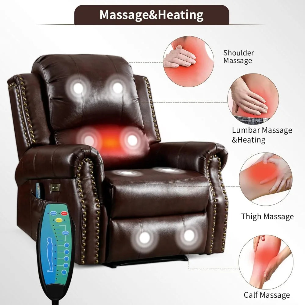 Classic Power Recliner Chair with Massage and Heat, Breathable Faux Leather Electric Recliner with USB Port, Overstuffed Reclini