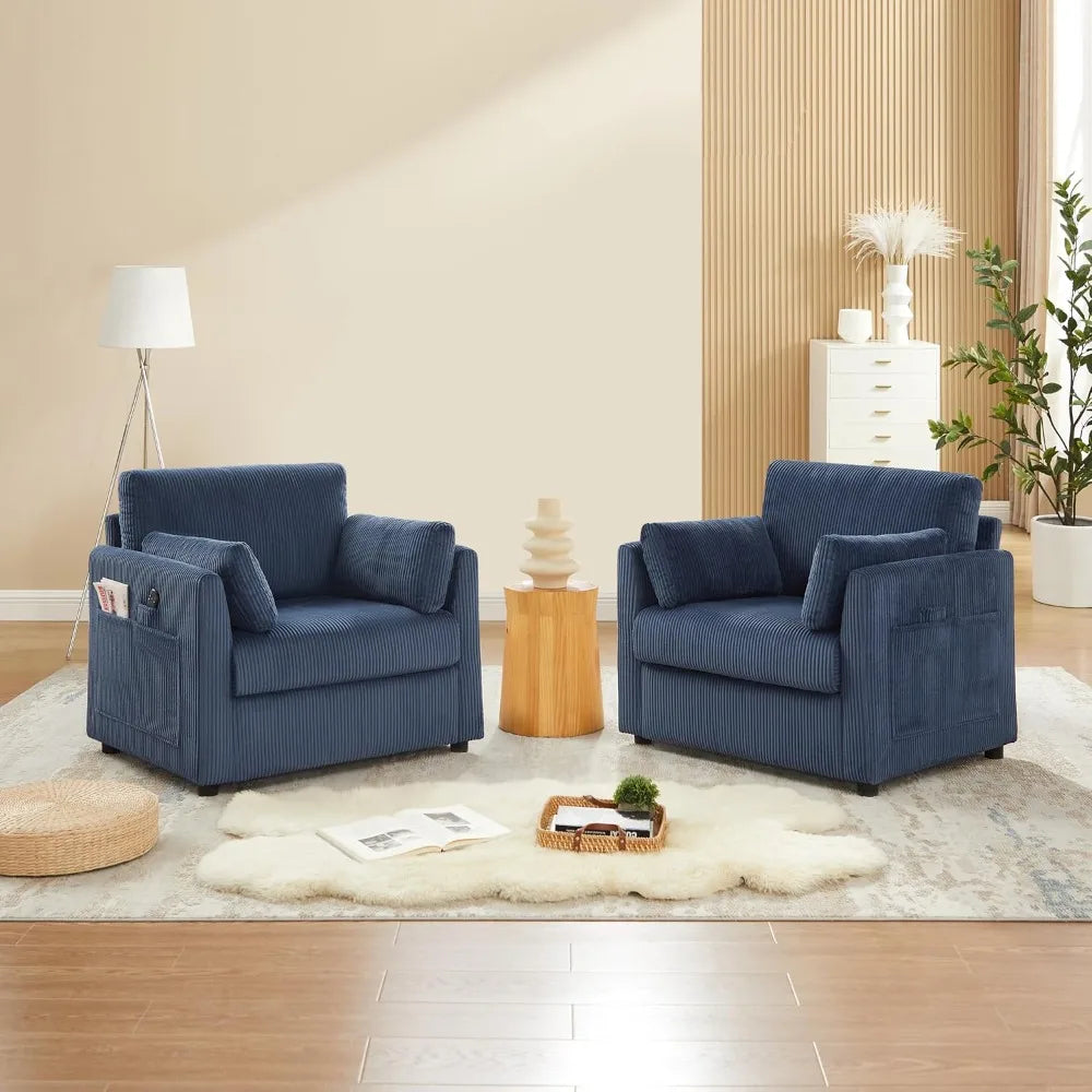 Modern Corduroy Accent Chair – 38″ Comfy Armchair with Pillows & Side Pockets