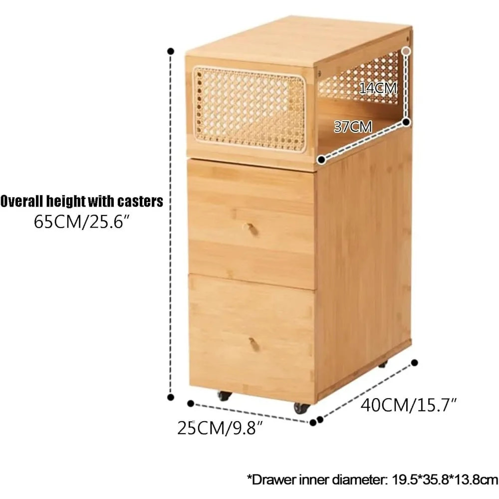 Slimline Bedside Table with Rattan Drawer and Open Storage for Coffee and Nighttime Use