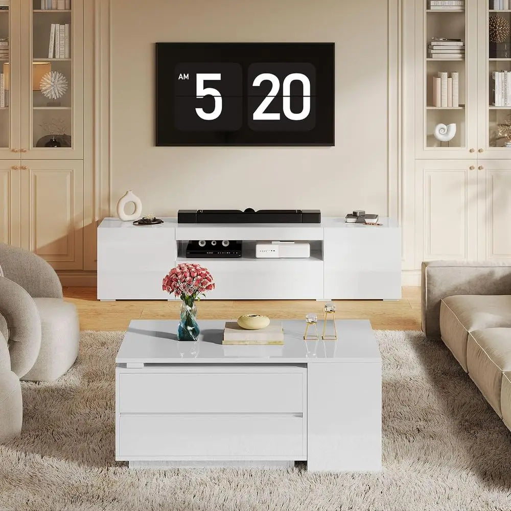 Modern Rectangular LED Coffee Table – White Extendable Center Table with 4 Storage Drawers