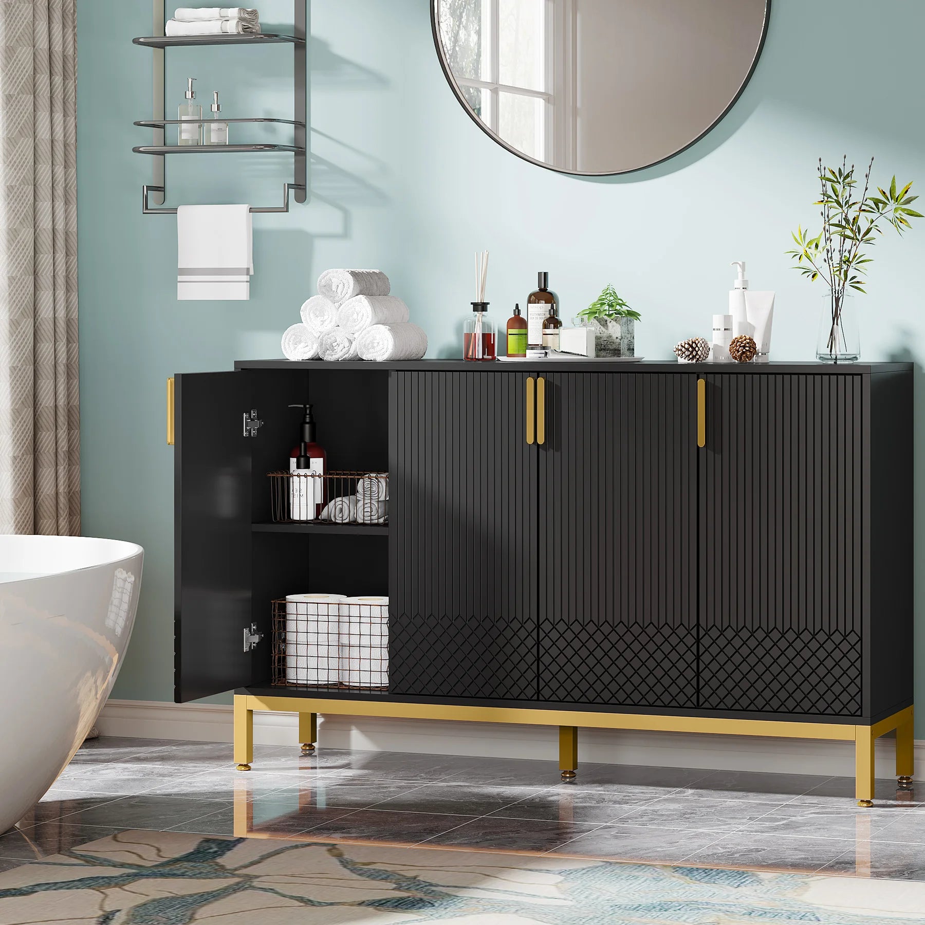 Tribesigns Modern Storage Cabinet, 59 Inch Console Cabinet Sideboard Buffet Cabinet with 4 Doors & Gold Metal Base