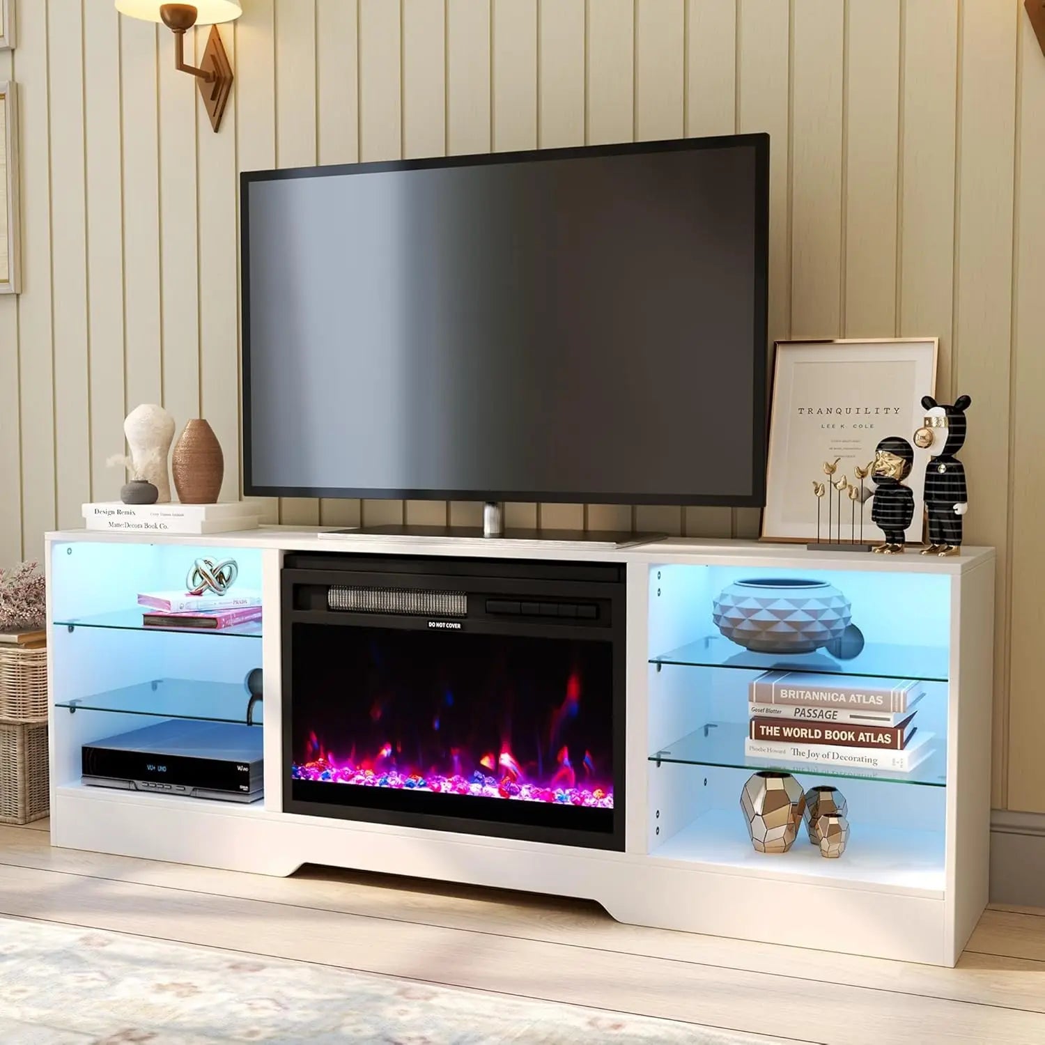 Electric Fireplace TV Stand with 23 Inch Fireplace Wood And Glass Entertainment Console for TVs up to 75 Inch with LED Lights