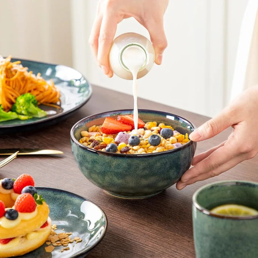 Starry 16 Pieces Green Dinnerware Set Reactive Glaze Dinner Sets Plates and Bowls Set for 4 16 Pcs Ceramic Dish Set Stoneware