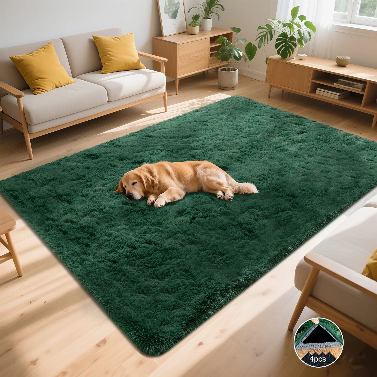 Dark Green Soft Shaggy Non-Slip Rugs for Living Room/Bedroom/Nursery – Luxury Plush Carpet with 4 Rug Stickers, Ideal Room Decor