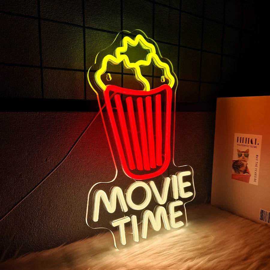Movie Time Neon Sign Popcorn Cinema LED Light USB Powered Neon for Wall Decor Film Cinema Room Party Man Cave