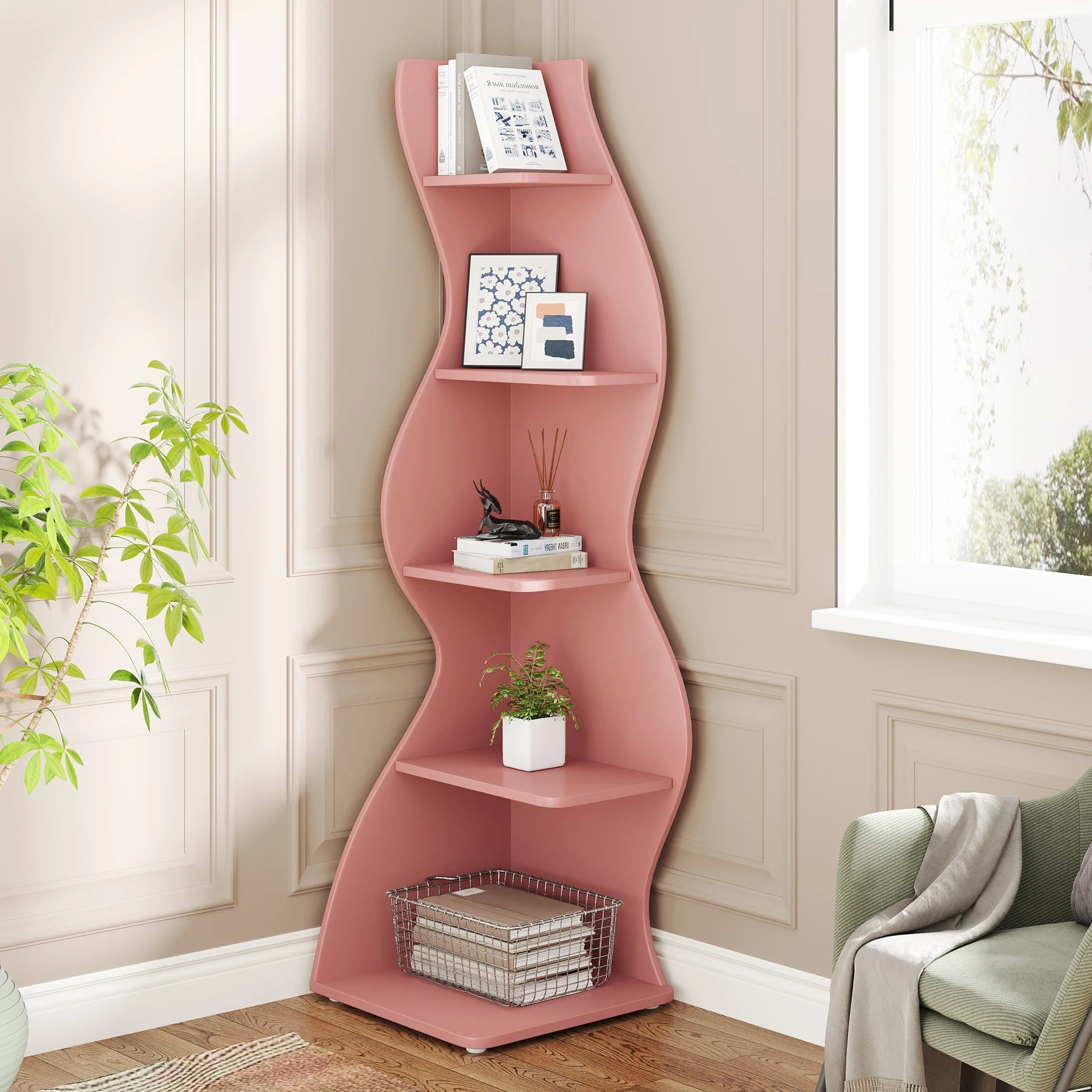 Tribesigns Modern 5-Tier Corner Bookshelf – Wall Corner Storage Rack & Plant Stand