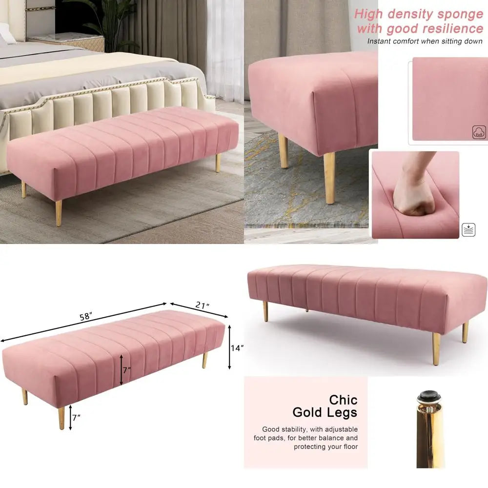 Velvet Upholstered Ottoman Bench – 58″ with Gold Legs
