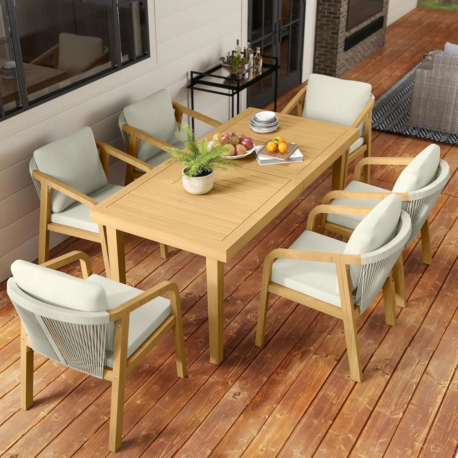 RoyalCraft Acacia Patio Dining Table, 6-Person Wood Picnic Table with Iron Leg, Outdoor Dining Furniture for Backyard Lawn