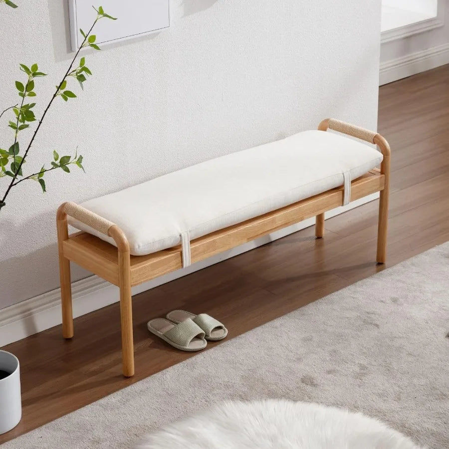 Rustic Linen Entryway Bench – Beige Upholstered End-of-Bed Ottoman with Straps