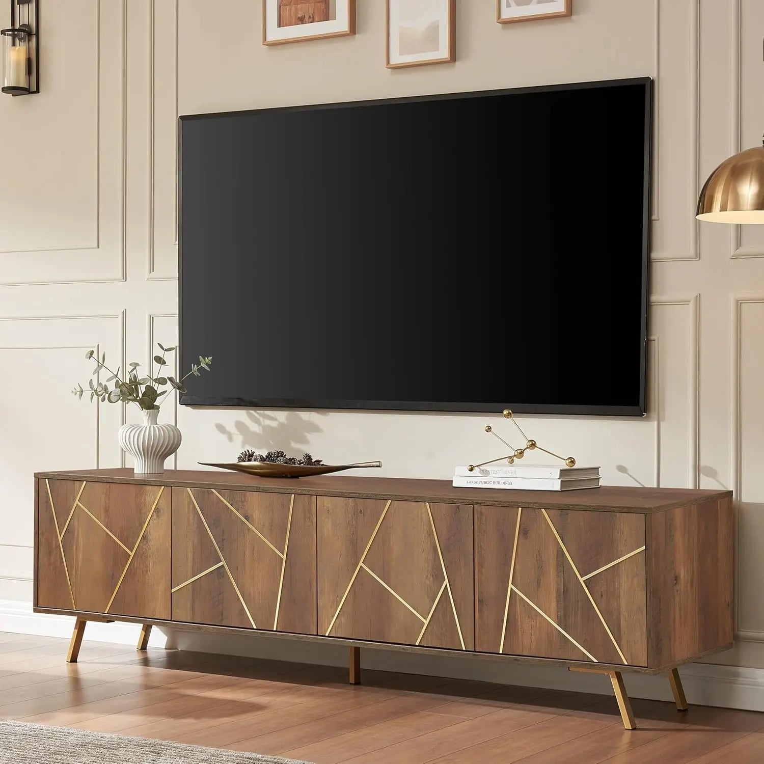 Mid Century Modern TV Stand for 75" TV, Wood Entertainment Center with Storage Cabinet, Media TV Console with Adjustable Shelves