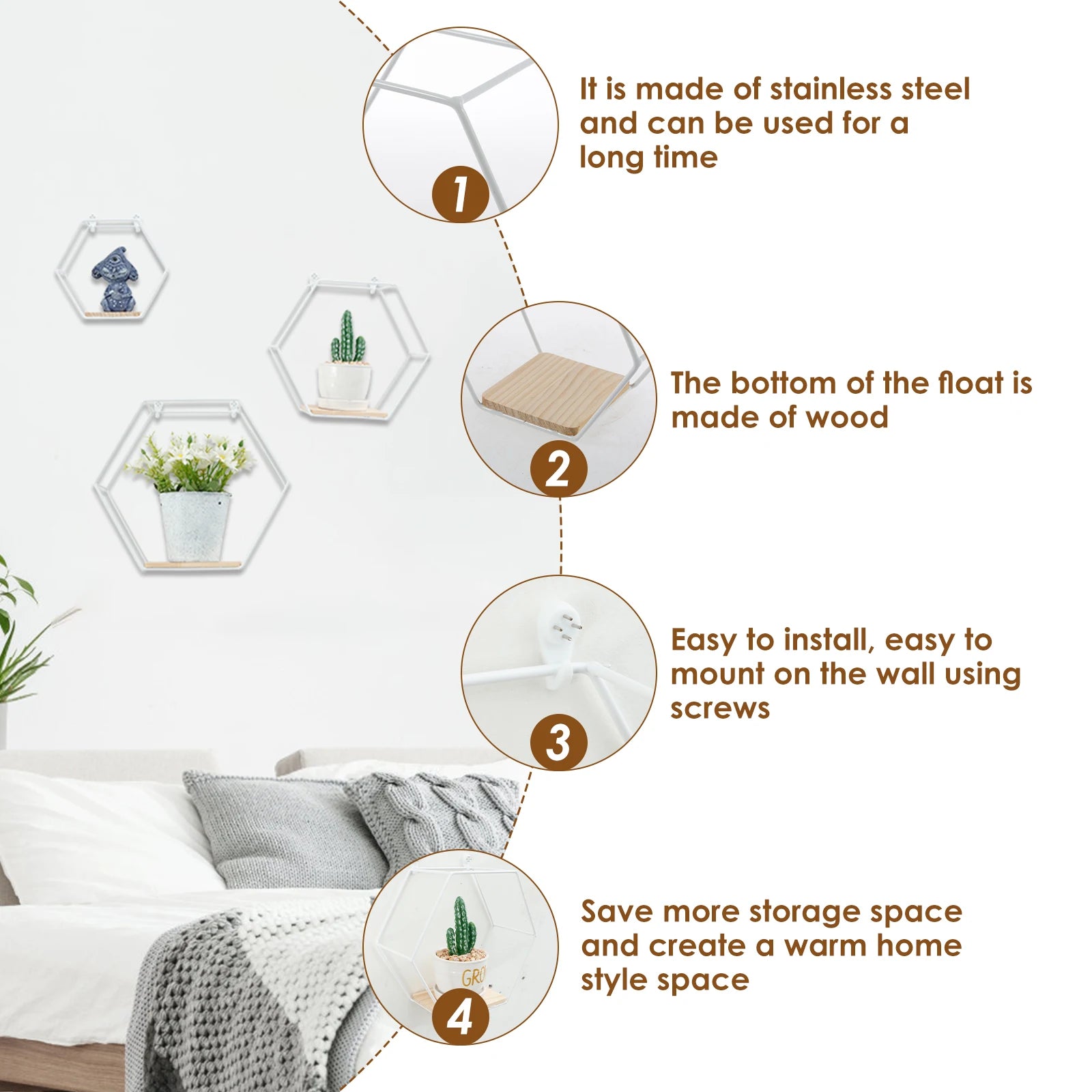 3Pcs Wall Mounted Hexagon Shelf Metal Anti Rust Storage Shelves Sundries Storage Holder Wall Decor for Bedroom Living Room