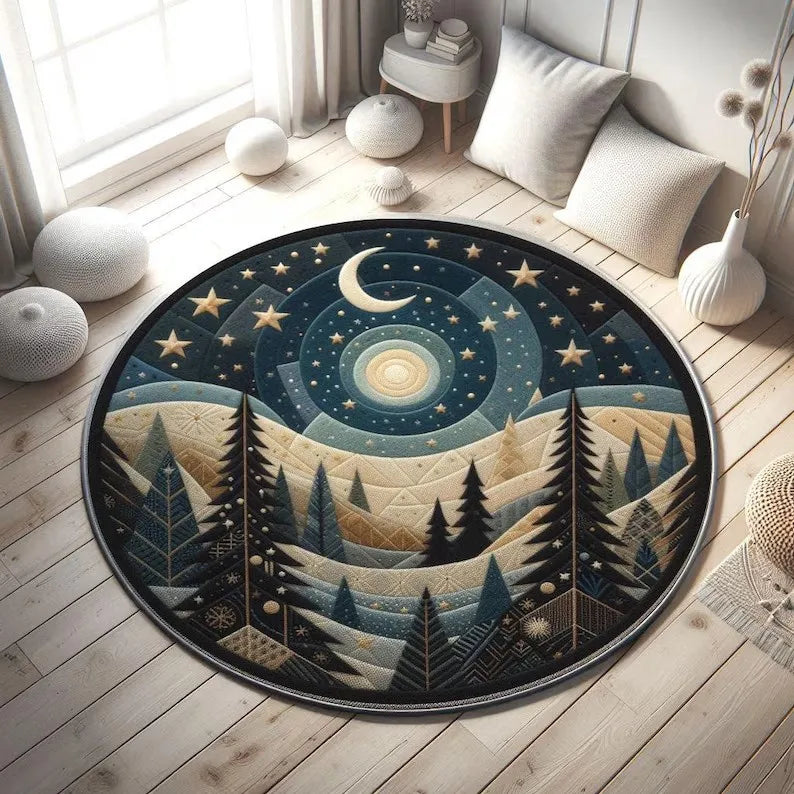 Romantic Couple Round Rug – Day & Night 3D Starry Moon Sky Carpet for Home Décor