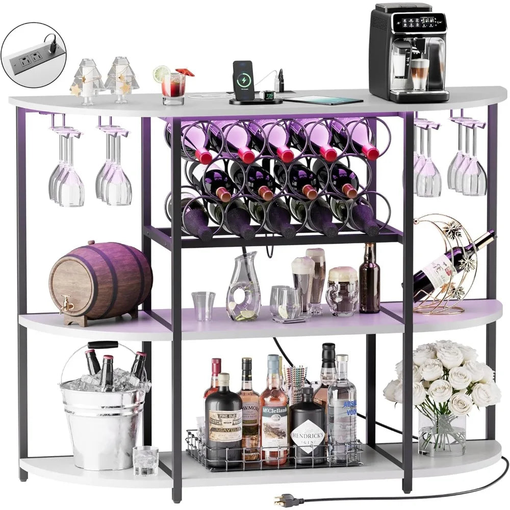 Freestanding Wine Bar Cabinet – LED Lighting with Power Outlets & Glass Holder