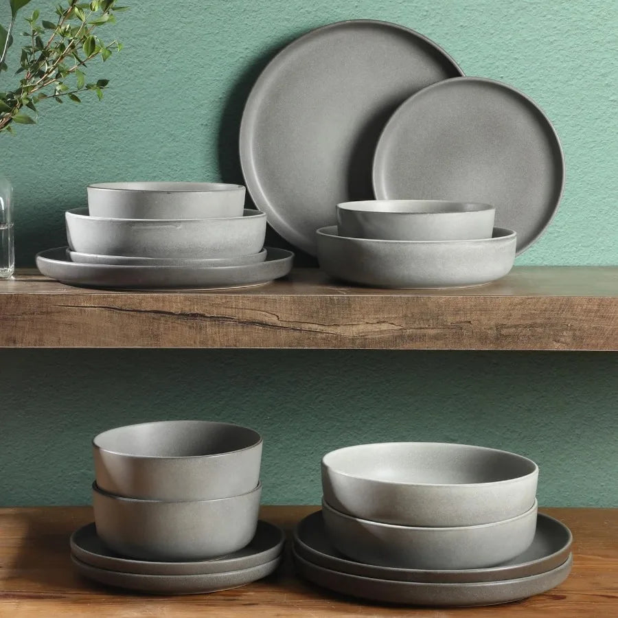 Pasco 16 Piece Service for 4 Plates and Bowls Double Bowl Reactive Glaze Dishes Stoneware Ceramic Dinnerware Set Grey