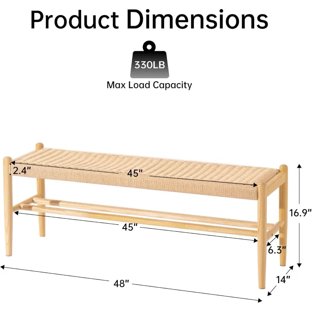 Solid Wood Entryway Bench – Rustic Oak Shoe Storage with Woven Design