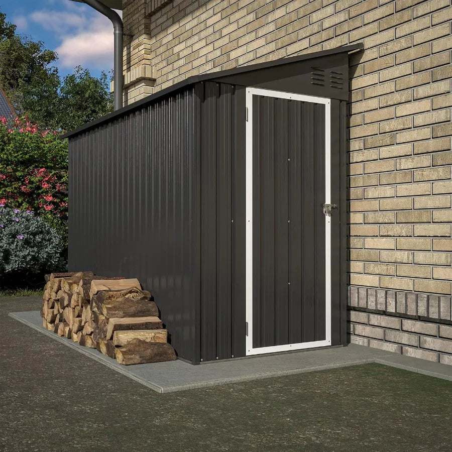 4' x 8' Metal Wall Side Storage Shed for Outdoor Use in Garden Backyard and Patio Durable Black Outdoor Storage Cabinet with