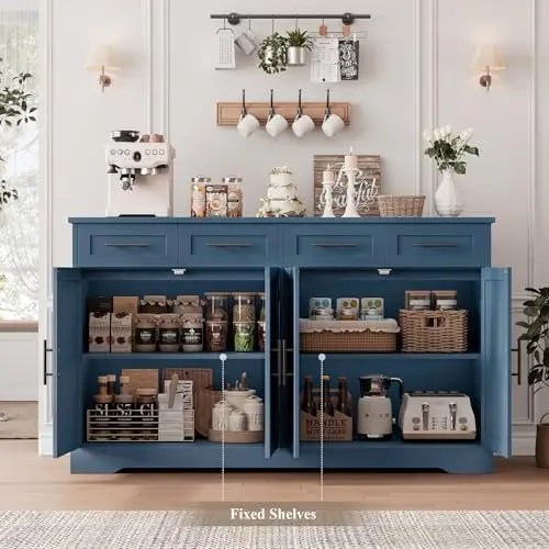 60' Modern Buffet Sideboard with 4 Drawers, Gold Handles, Blue Kitchen Cabinet