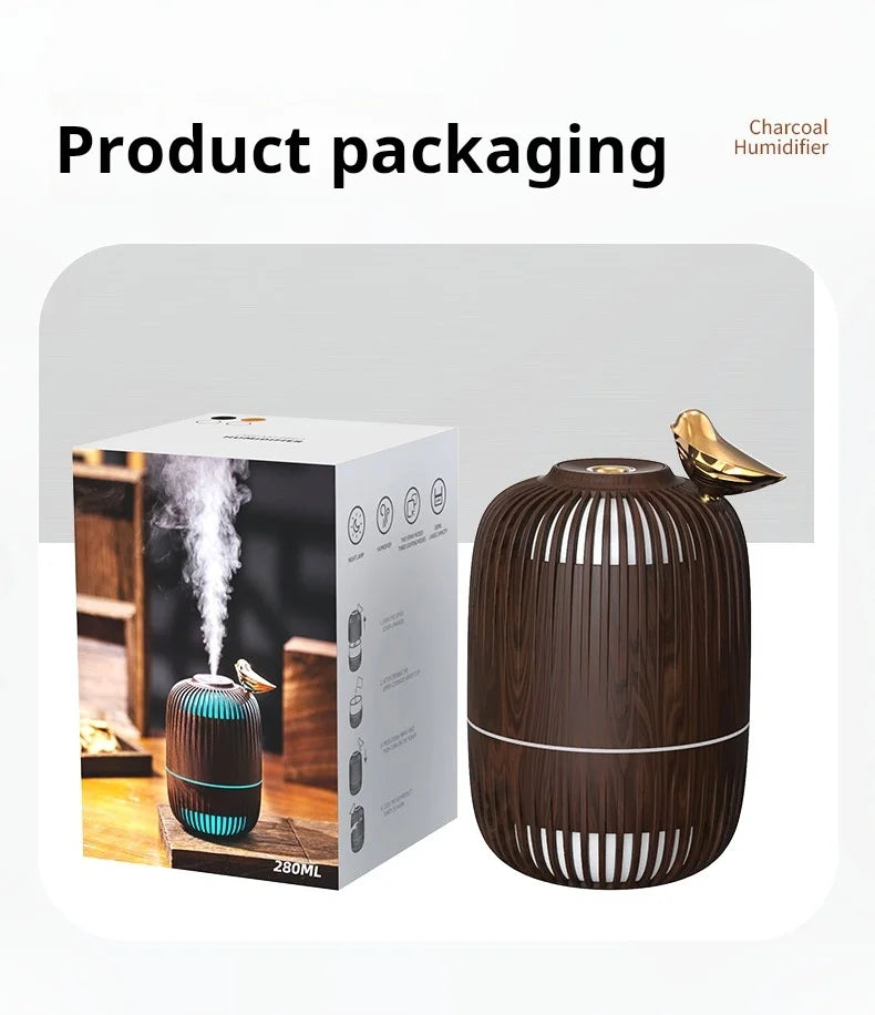 Mengniu Wood Grain Mini Ultrasonic Humidifier Office Home Use Dual Purpose Spray Moisturizer Atmosphere Light for Air Care