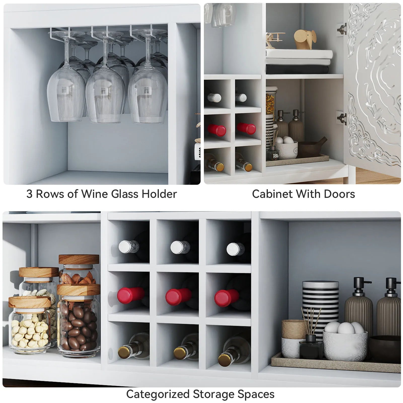 Wine Bar Cabinet with 2 Doors – Buffet Liquor Storage Cabinet with Glass Holder & Wine Rack