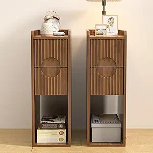 Narrow Fluted Nightstand Set of 2, Wooden Small 2 Drawer Nightstand, Slim Side End Table, Vintage Bedside Table, Mid Century Mod