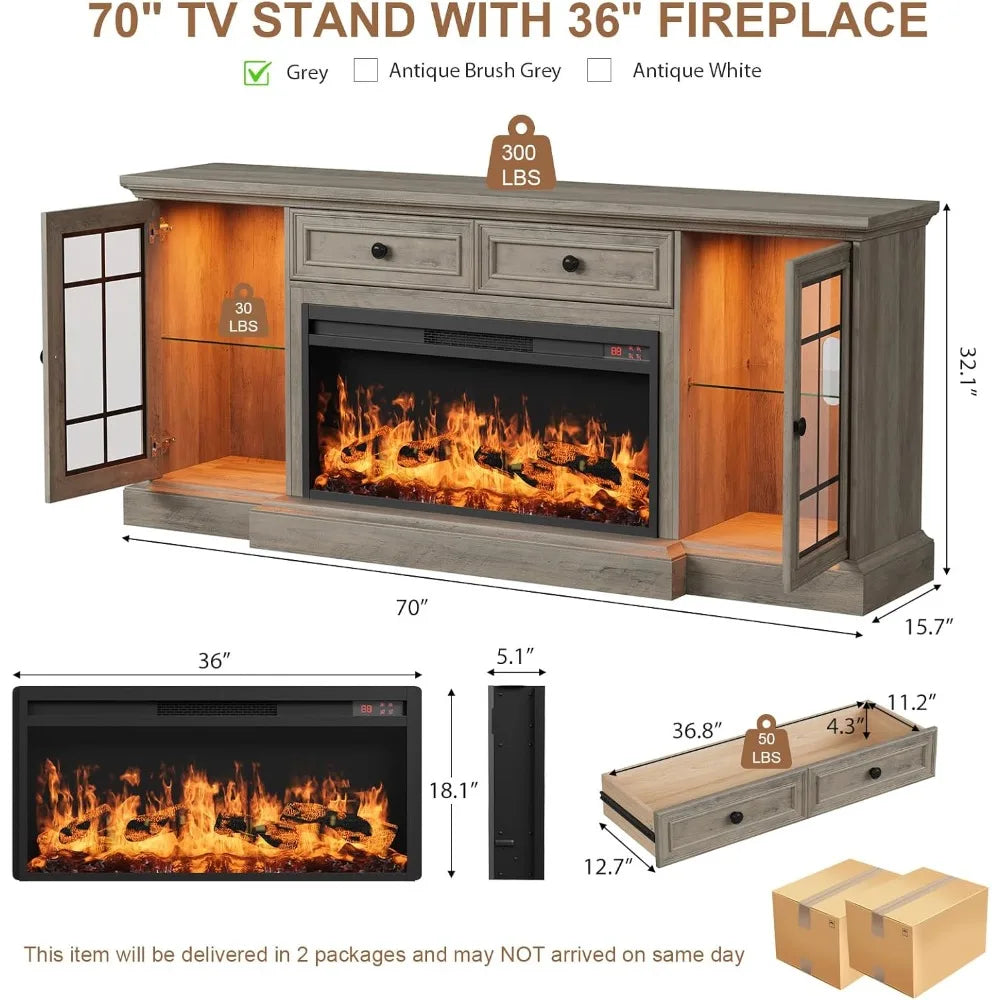 Fireplace TV Stand Up to 80" TVs,70'' Modern Entertainment Center with 36" Electric Fireplace&LED Lights,Farmhouse Media Console