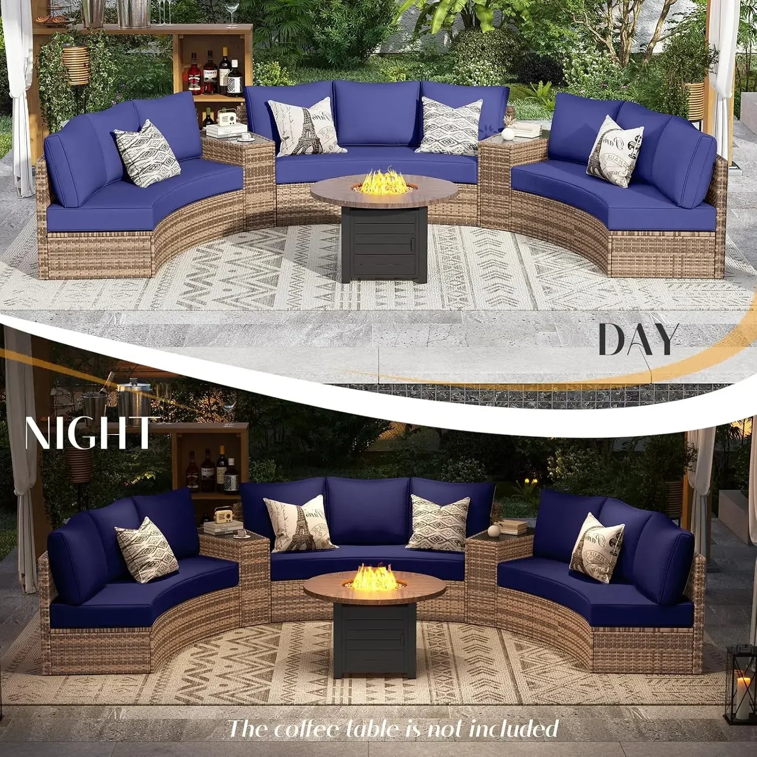 Patio Conversation Set, 11 Piece Half-Moon Sectional Round Patio Furniture Set, with Large Storage Wedge Table Wicker