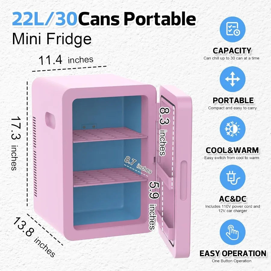 22L Mini Fridge for Bedroom 30 Cans Portable Cooler Warmer Compact Refrigerators with AC/DC Power for Skin Care Beverage Cosmet