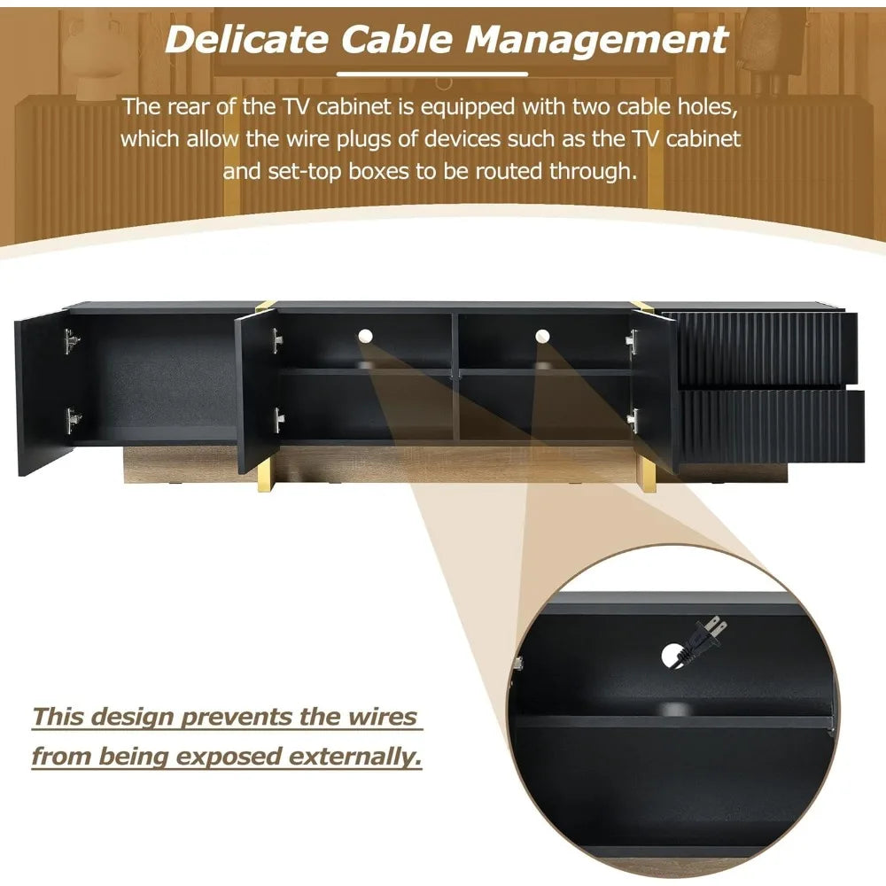Luxury Fluted TV Stand with Storage Cabinets & Drawers, Smooth Media Console with Golden Wood Grain Legs, 75" L x 14" W x 18" H