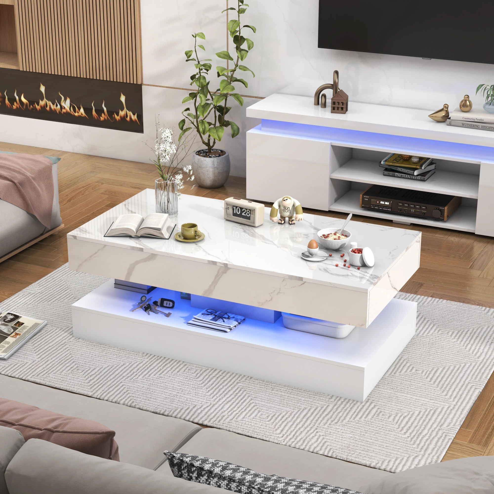 Modern LED Coffee Table with Double-Layer Design & Dual Storage Drawers