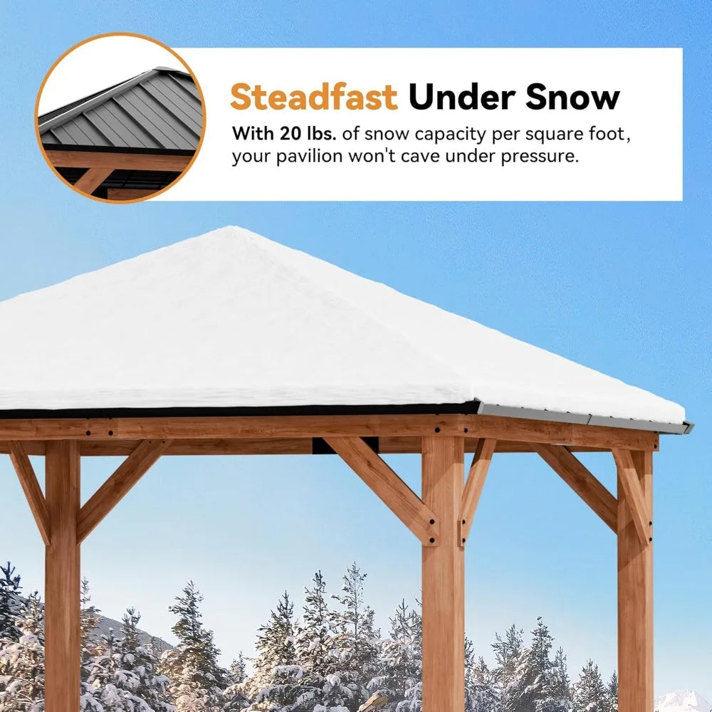Modern Shade Tranquil Grove Wood Gazebo 10' x 10', Permanent Grill Gazebo with Galvanized Steel Hardtop Roof, Cedar Framed