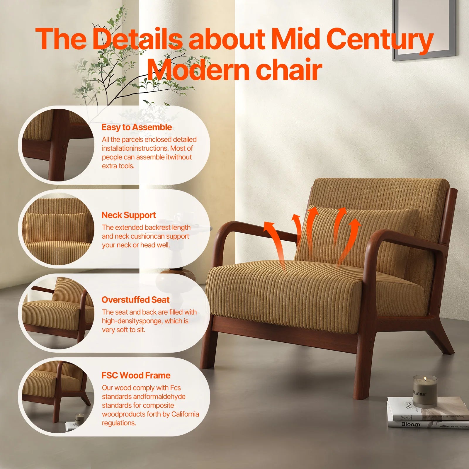 Mid-Century Modern Accent Chair – Fabric Reading Chair with Solid Wood Frame