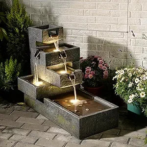 Tiered Water Fountain Outdoor Garden - Waterfall Indoor Freestanding Cascade Fountain Concrete Artistry Modern Style with LED Li