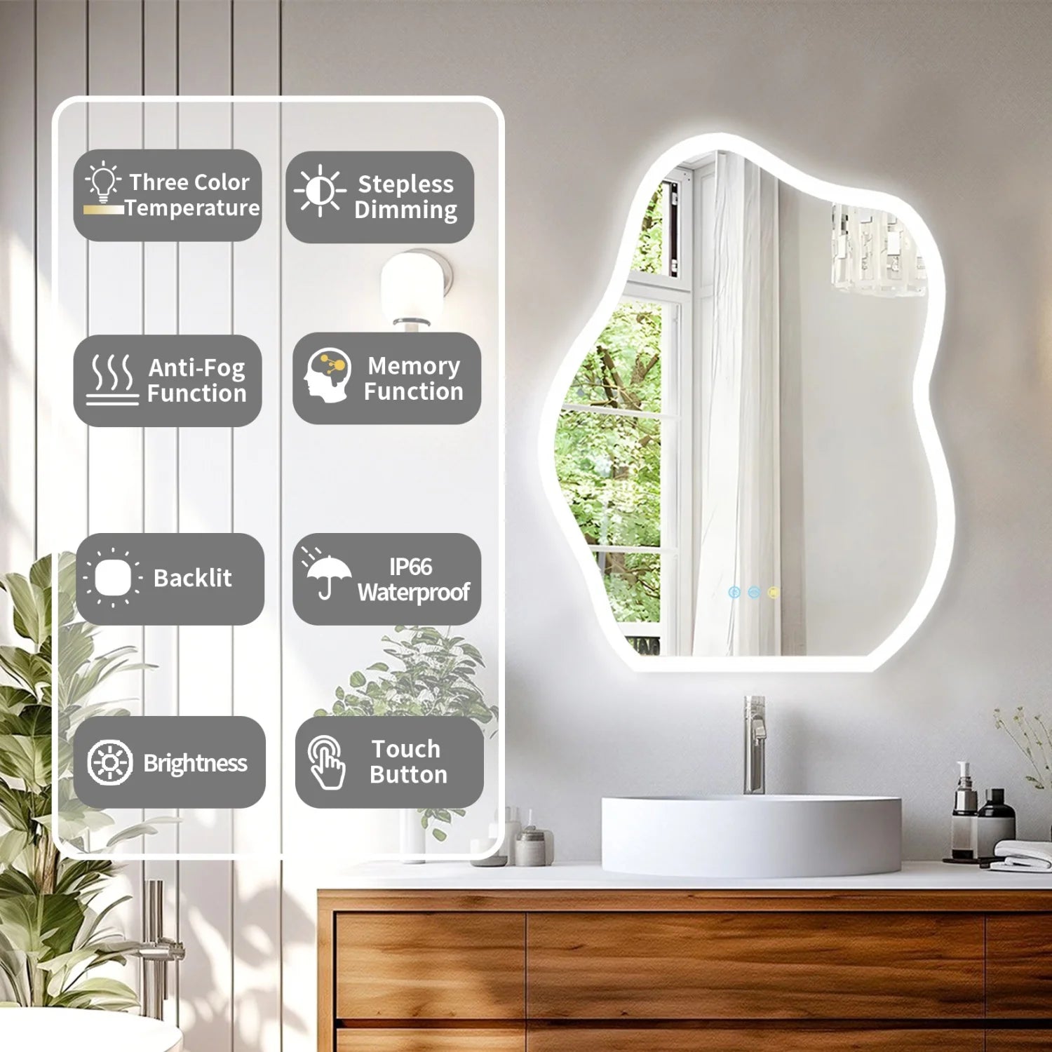 600x80CM Irregular LED Bathroom Mirror Backlit Makeup Vanity Mirror for Wall Bathrooms Dimmable Fast Defogging Ultra Bright