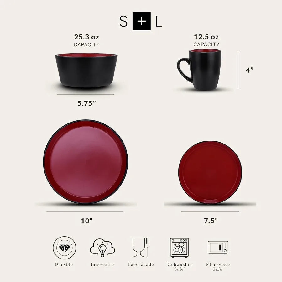 Albie Stoneware 32-Piece Dinnerware Set – Red and Black Plates & Bowls Dish Set for 8
