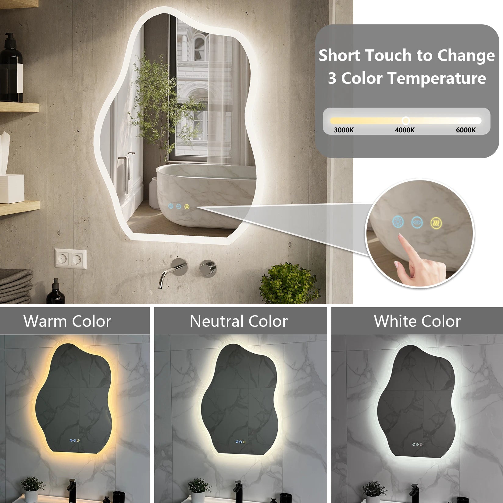Cloud Shaped LED Bathroom Mirror with Lights - Anti-Fog, Dimmable 3 Color Temperatures (3000K-6000K), CRI90+ High Color