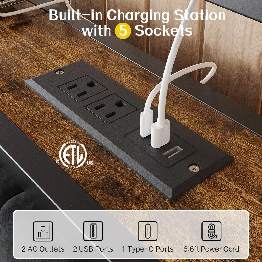 Metal Queen Bed Frame with LED Headboard – 2-Tier Storage & Type-C Charging Station