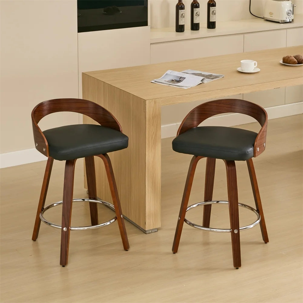 Swivel Bar Pub Stools with Low Back – Wood Legs (Set of 2)